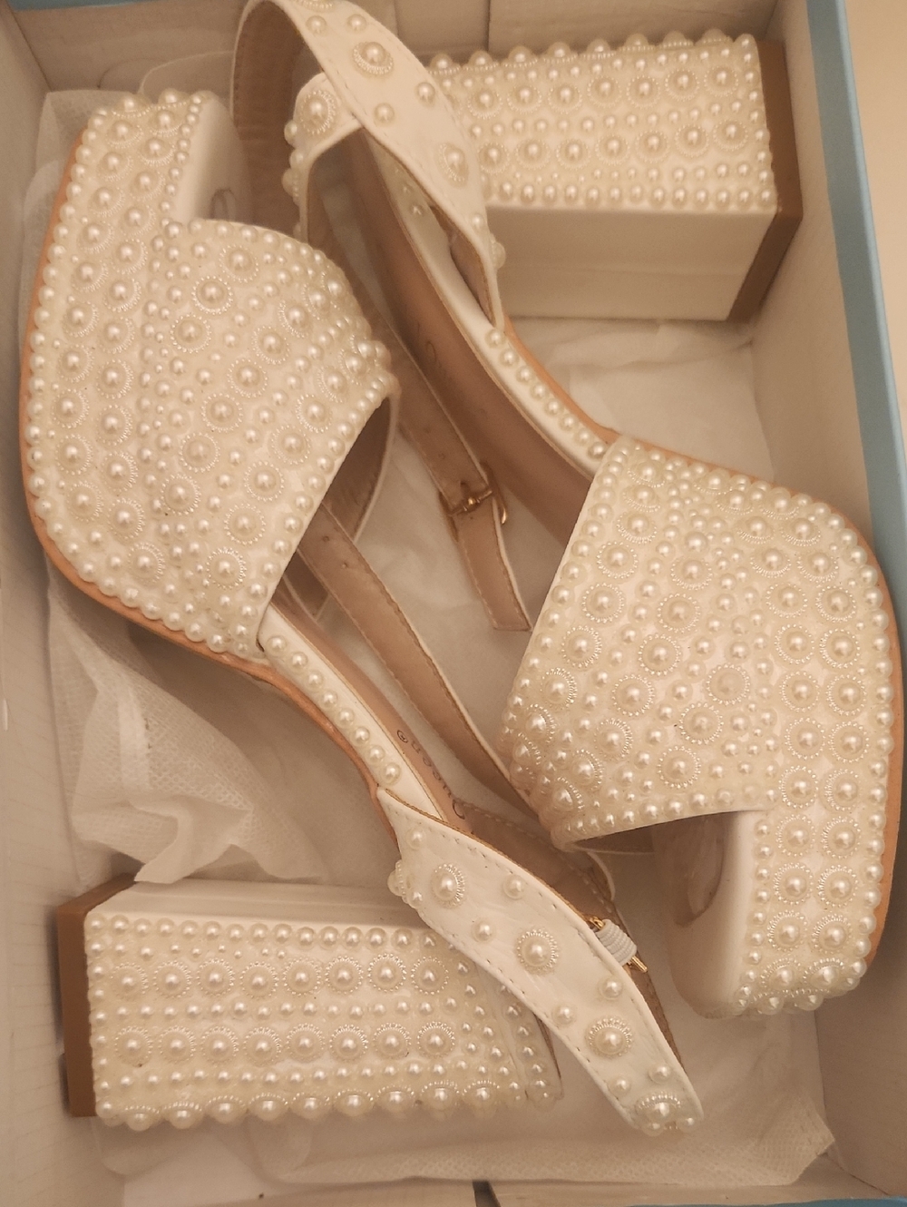Pearl-Embellished Ivory Block Heel Sandals - Women's Dress Heels
